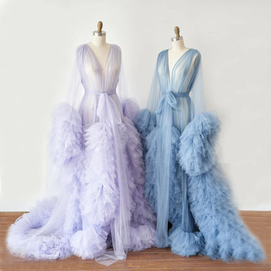 High Quality Beautiful Tulle Maternity Robe For Photo Shoot Custom Made Women Ruffled Tulle Maternity Dresses Maternity Gown